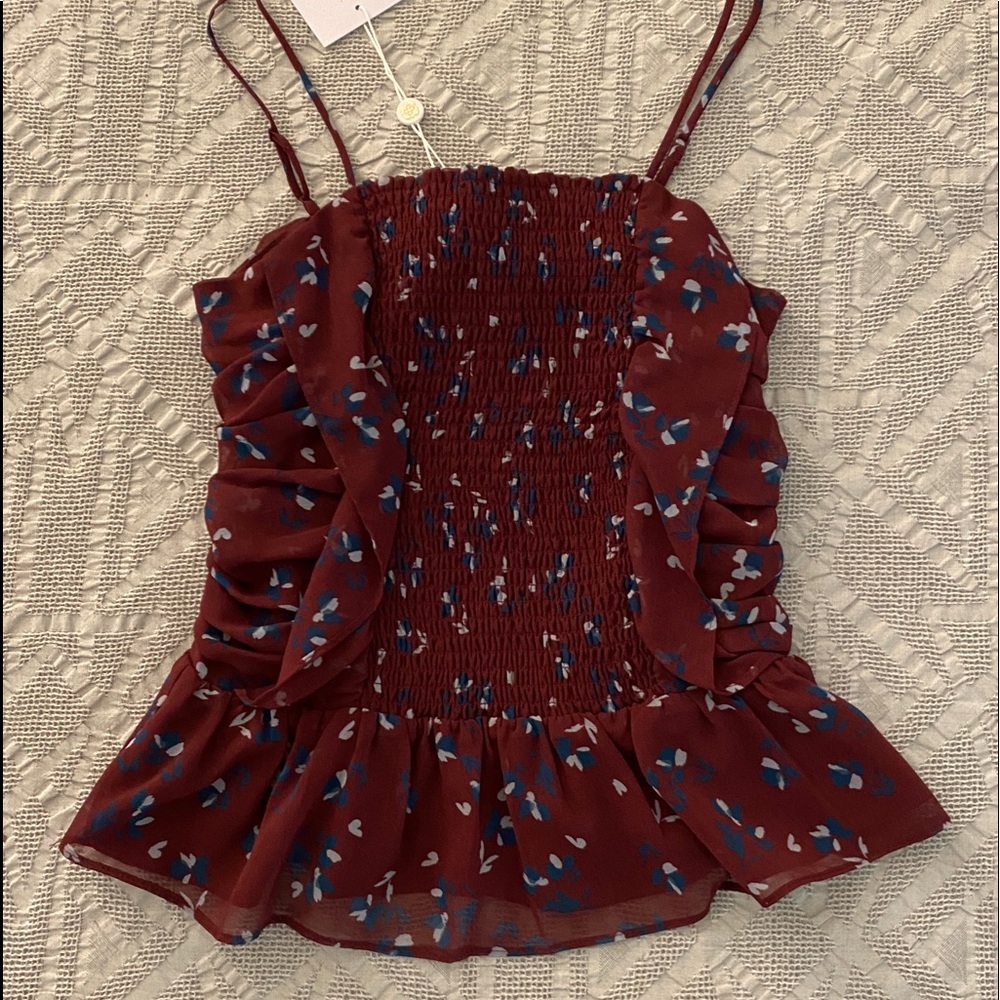 NWT burgundy printed smocked peplum top